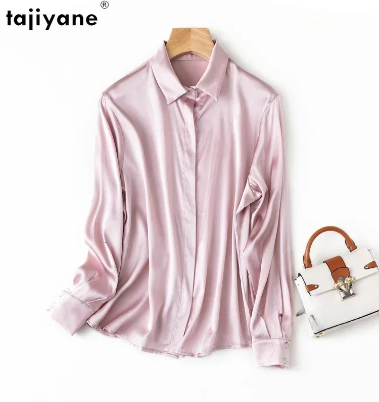 Tiyane Women's 93% Mulberry 7% Spandex 19 Momme Satin Silk Buttons Long Sleeve Shirt Top Blouse Office Work Chemise Femme