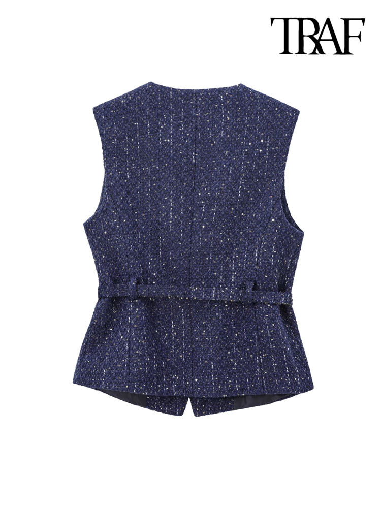 Traf-Women's Tweed Waistcoat With Belt, O Neck, Sleeveless, Front Button, Female Outerwear, Chic Tops, Fashion