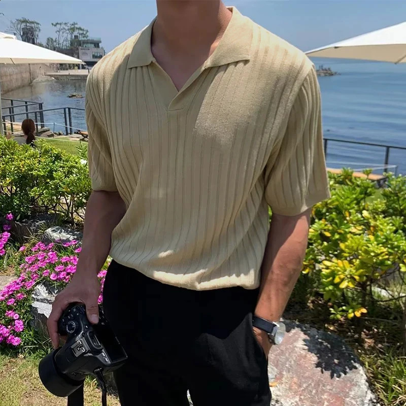 Fashion knitted solid color mens polo shirt ultra-thin short sleeved lapel ribbon polo T-shirt summer mens clothing casual top 241203
