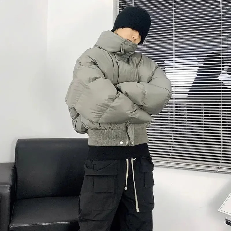 Winter stand up collar thick cotton jacket mens simple loose casual bread jacket solid color long sleeved zipper button jacket 241202