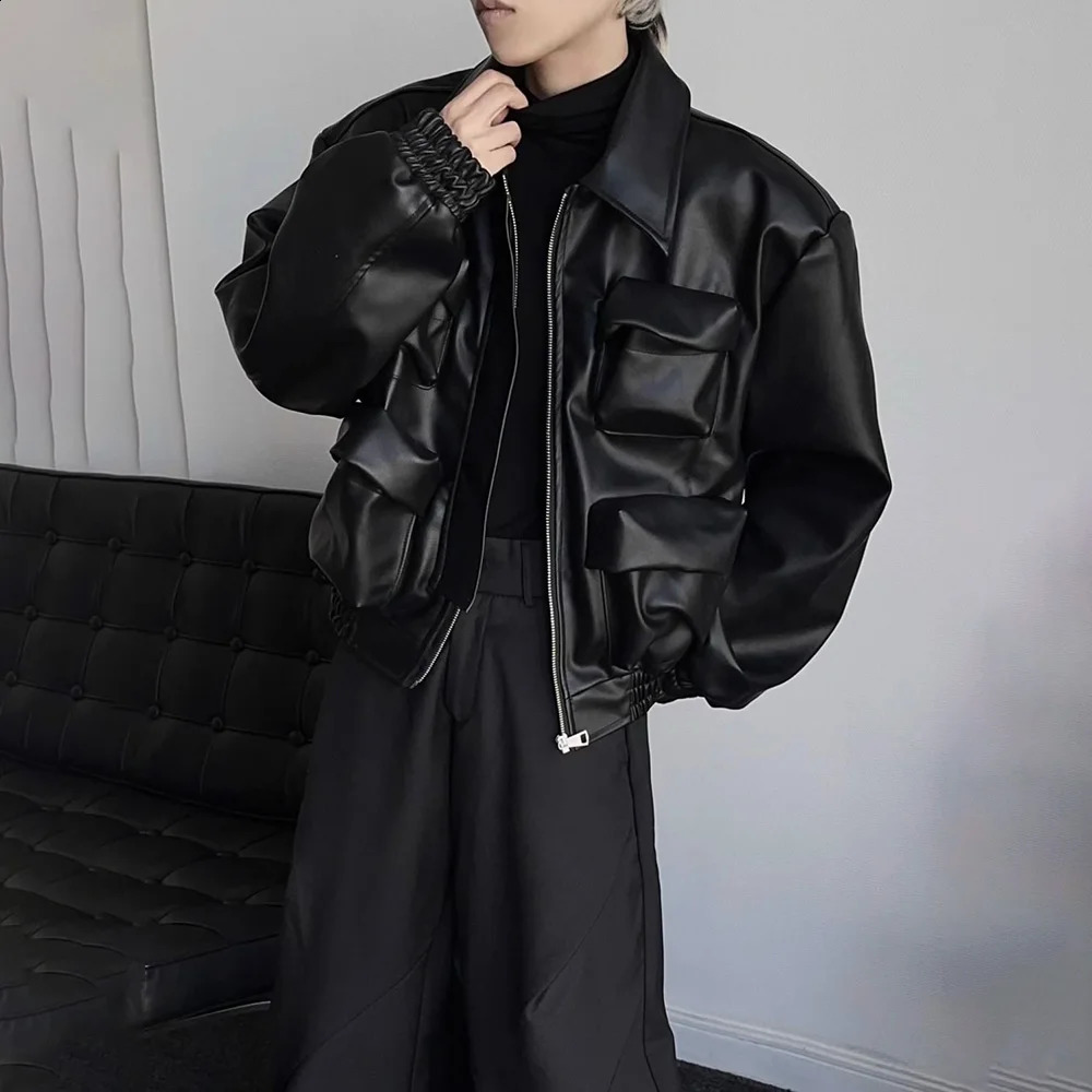 Y2K Mens Jacket Pocket Motorcycle Leather Jacket Spring Casual Gothic Street Dark Silhouette Top Mens Clothing Neutral 241203