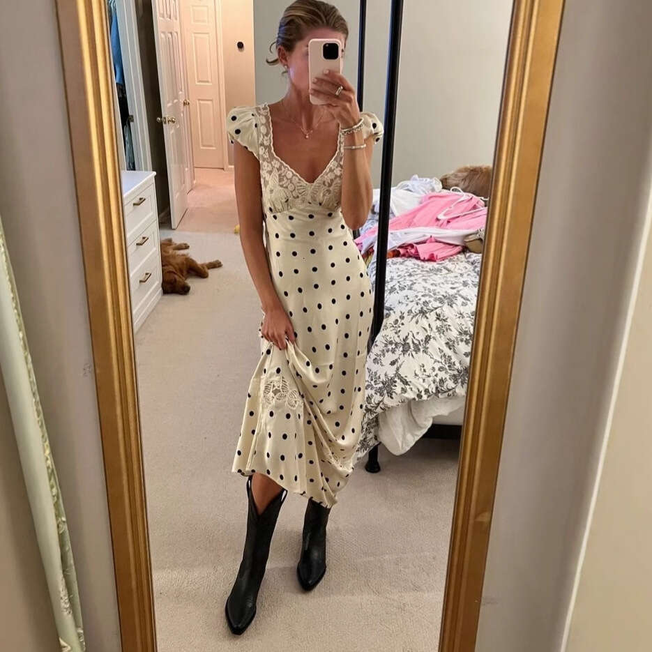 2025 spring women's French satin polka dot dress sexy backless lace long skirt