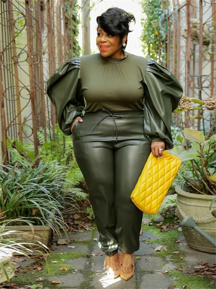 Wmstar Plus Size Sets Clothing Two Piece Outfits PU Puff Sleeve Patchwork Top and Pants Matching Wholesale Drop 241203