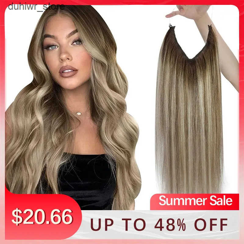 Hair Wefts VeSunny Fish Line Human Hair Extension Wire Natural Hair OnePiece Invisible Wire Hair Weft with 2 Clips Machine Made Blonde Hair J241204