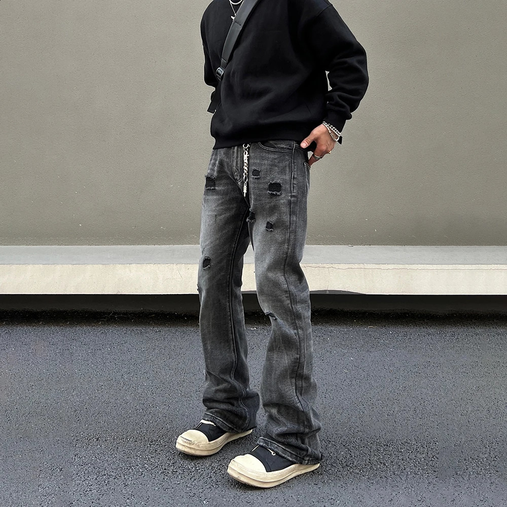 Open collar jeans mens black streetwear Y2k denim pants autumn and winter casual fashion street retro cool stacked straight leg Trouser 241203