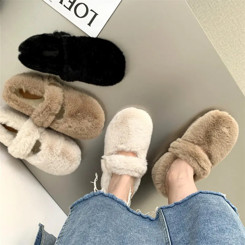 Fluffy Cotton Mary Jane shoes Womens 2024 Winter Grandma Shoes Female Soft Shallow Mouth Flats Round Toe warm Fur Loafers 241204