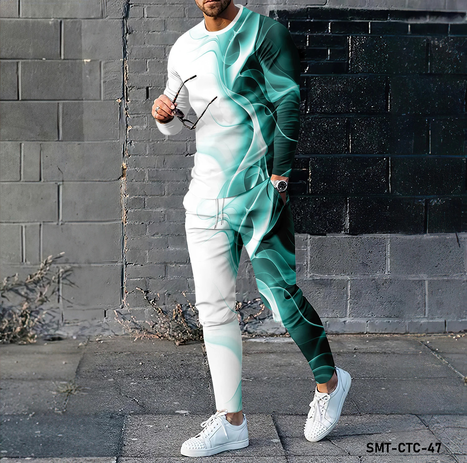 Color line pattern 3D printing mens long sleeved T-shirt long pants set fashion clothing sportswear two-piece set 241203
