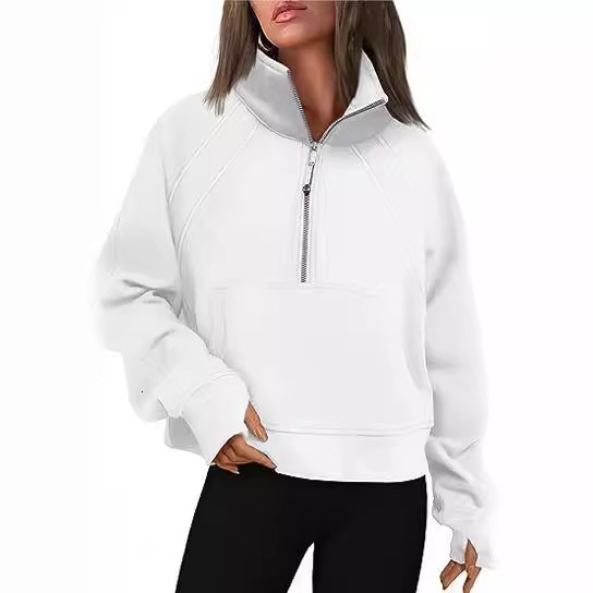 Designer yoga clothes for autumn winter, European and American women's clothing new half zipper short style stand up collar with fleece solid col