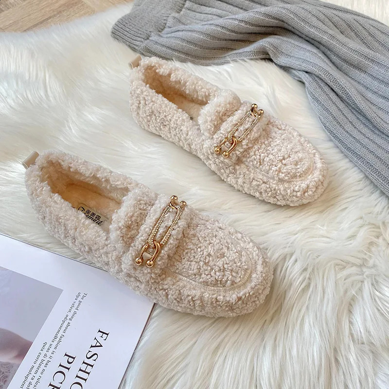 Sheep Fur Lined Loafers Women Lambswool Shoes Ladies Winter Slip On Furry Flats Cotton Wool Mocasine Femme Barefoot Boots 241211