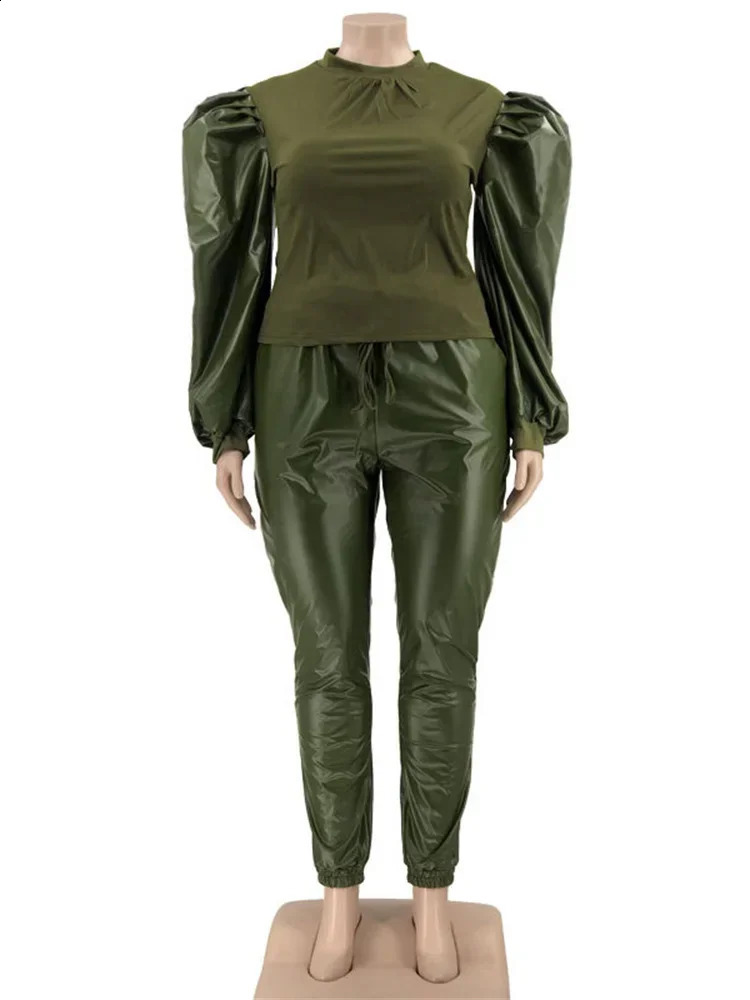 Wmstar Plus Size Sets Clothing Two Piece Outfits PU Puff Sleeve Patchwork Top and Pants Matching Wholesale Drop 241203