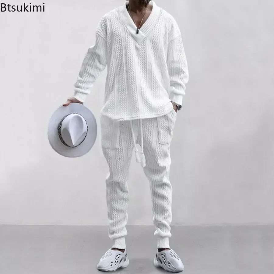 Mens Knitted Set Long Sleeve V-neck Shirt and Drawstring Pants Set Pocket Mens Solid Knitted 2-piece Set 241203