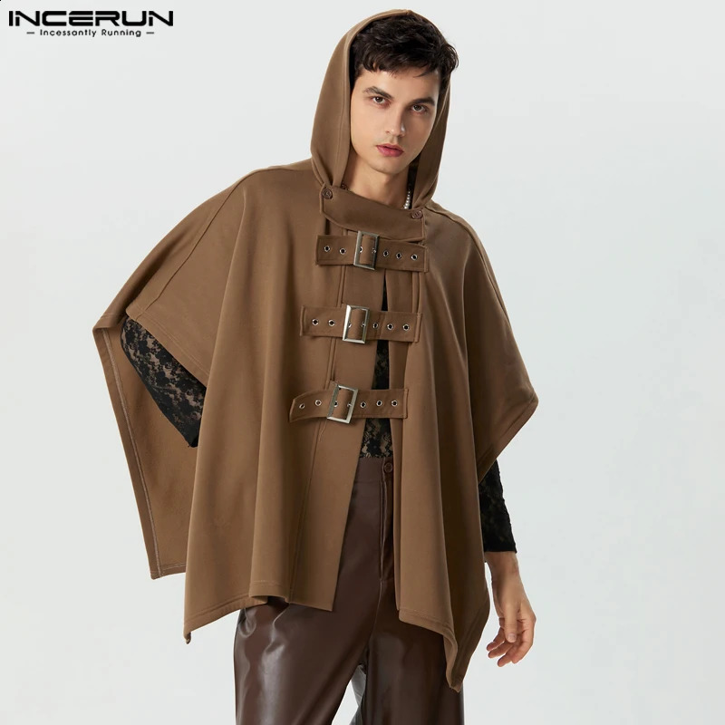 Mens Cloak Coat Solid Color Hooded Button Irregular Trench Raincoat Street Loose Fashion Casual Mens Cape Town S-5XL INCERUN 241203