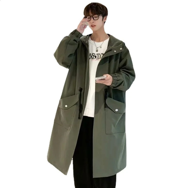 Trench Hooded Long Sleeve Zipper Jacket with Solid Button Splicing Loose Pocket Suitable for High Street and Light Street Fall 241203