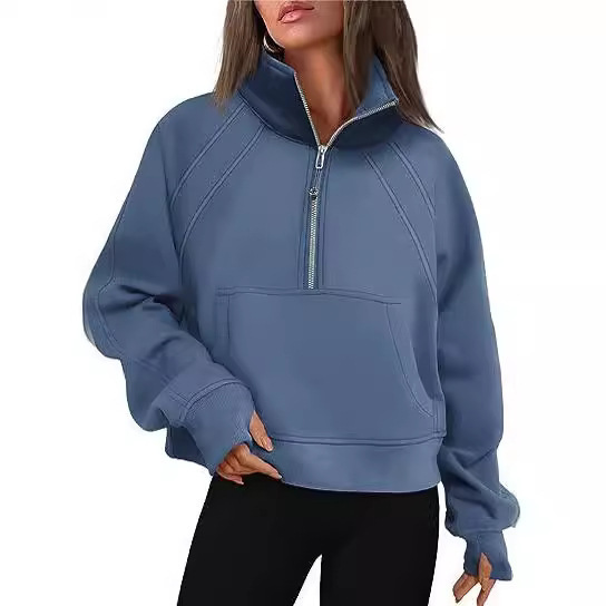 Designer yoga clothes for autumn winter, European and American women's clothing new half zipper short style stand up collar with fleece solid col