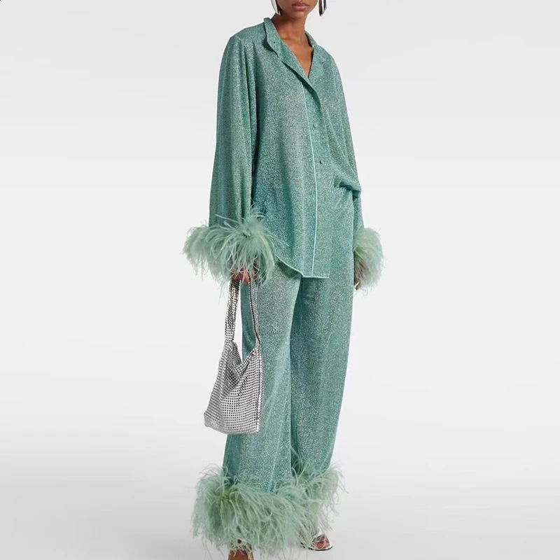 Show Style two-piece womens fashionable stand up collar long sleeved shirt top and pants set temperature feather party set 241203