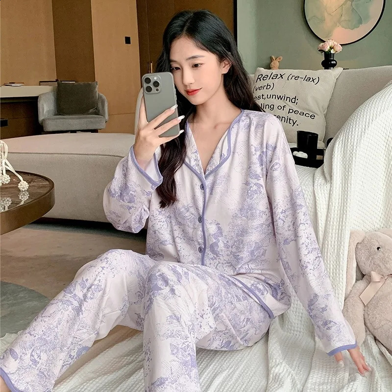 Light Purple Casual Women Pajama Cute Sleepwear Autumn Winter Long Sleeve Pants Soft Pyjamas Cozy Pijamas Girl Pijama Comfy 241203