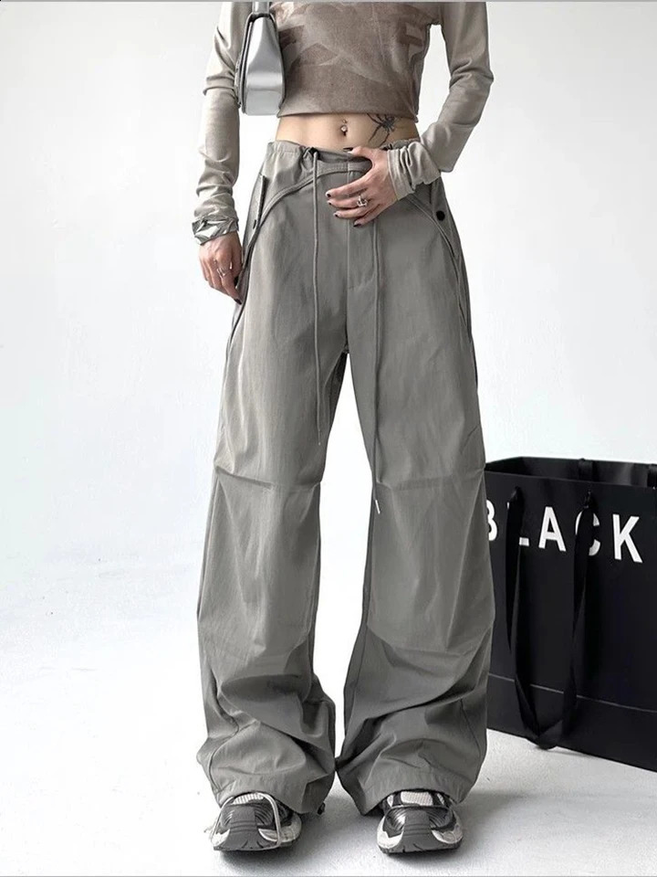 Zoki Y2K Harajuku pants womens streetwear high waisted American retro mens casual loose lace Up Bf wide leg pants 241203