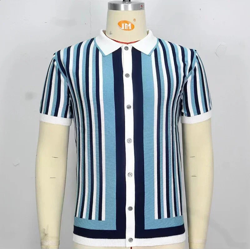 Summer Mens Knitted Polo Shirt Retro Button Collar Shirt Striped Splicing Color Short Sleeve Casual Knitted 241203