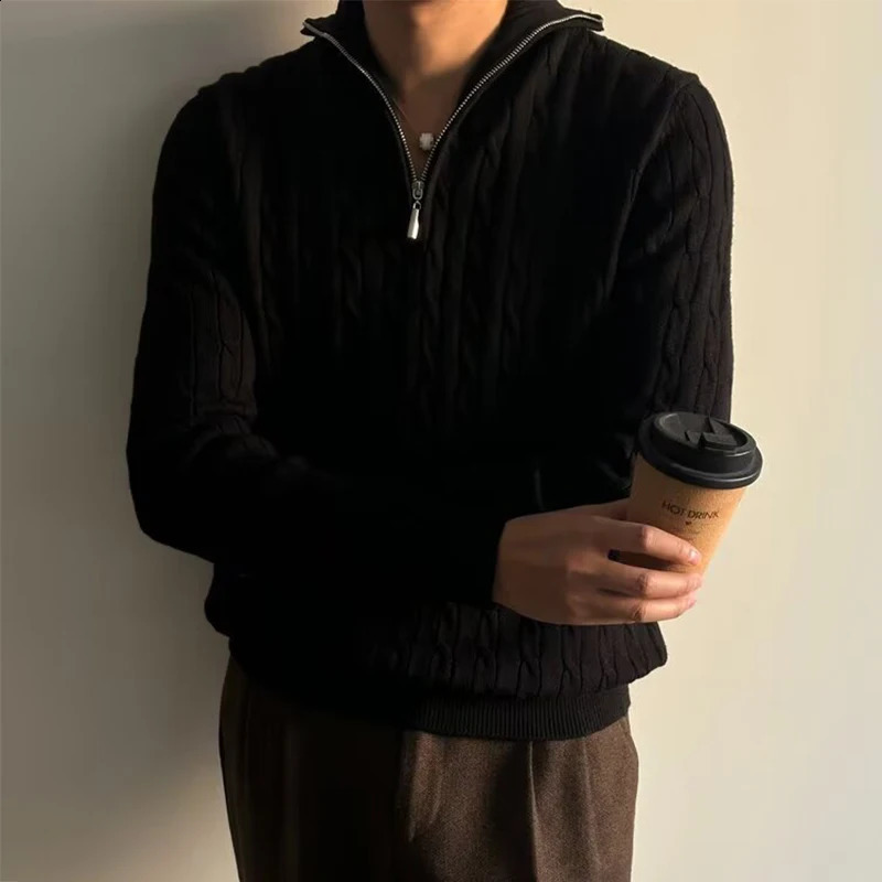 Streetwear Fashion Sweater Mens Polo Sweater Knitted Long Sleeve Zipper Collar Knitted Jumping Top Mens Spring and Autumn Retro Sweater 241203