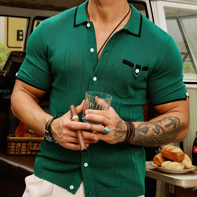 Mens lightweight casual business knitted polo shirt retro solid color short sleeved button fashion knitted M-3XL 241203