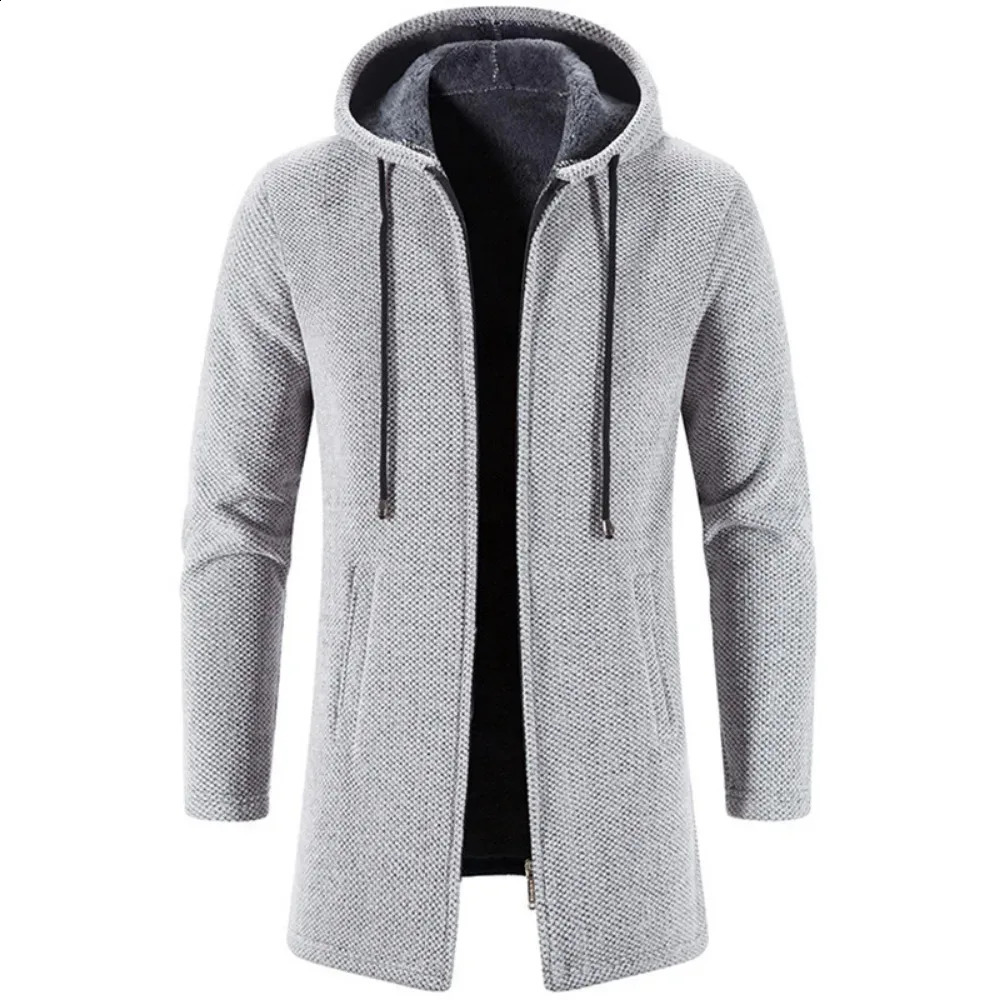 Autumn and winter mens zipper hooded cardigan sweater jacket warm medium length cardigan casual solid color knitted sweater 241203