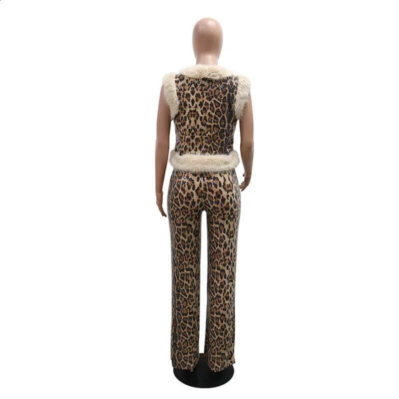 Leopard Sparkle 2-piece Womens Feather Fur Sleeveless Leopard Tank Top and Casual Straight Pants Set 241203