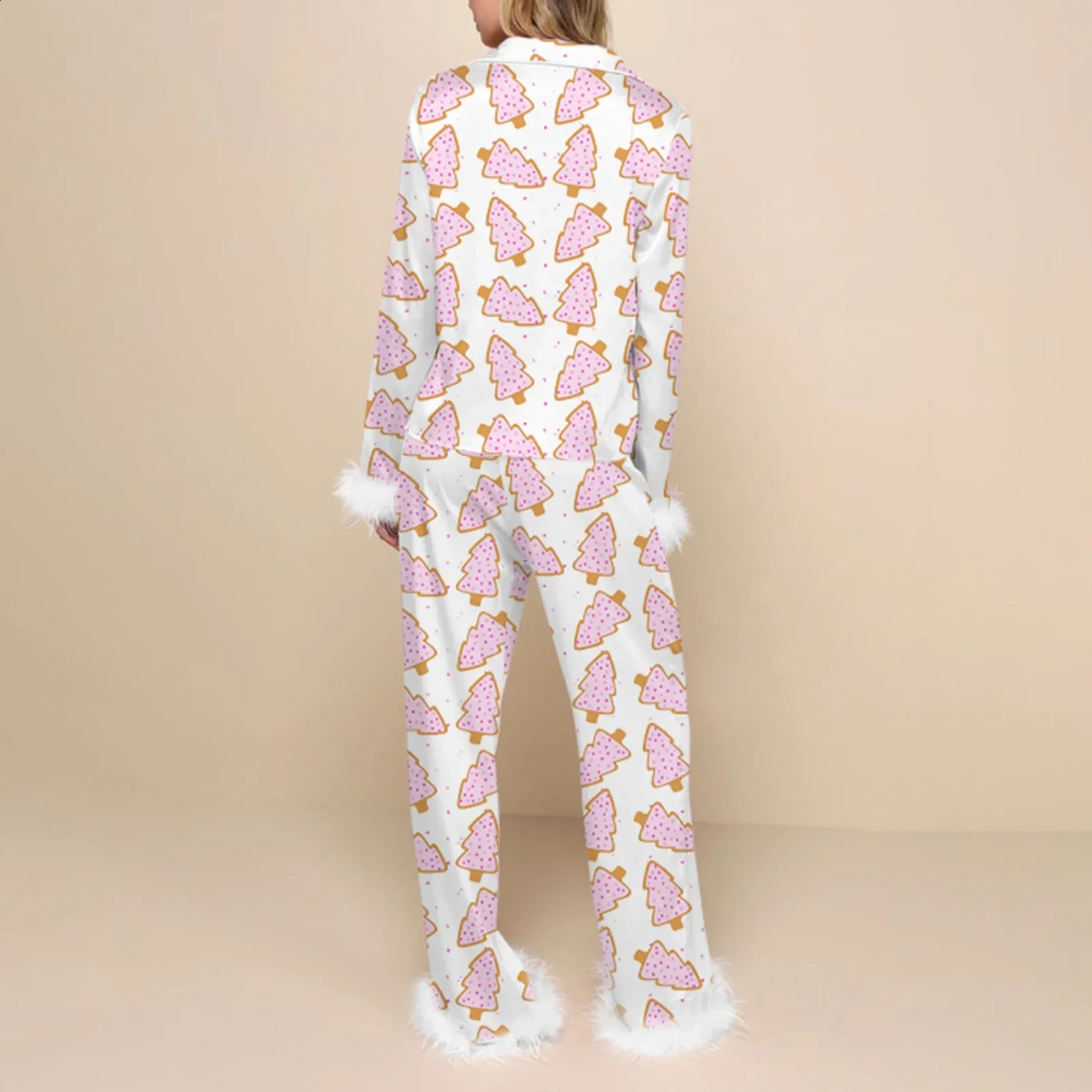 Womens Christmas Pajama Set Long Sleeve Button Down Decorative Shirt Matching Pants 2-piece Lounge Set Pajamas 241203