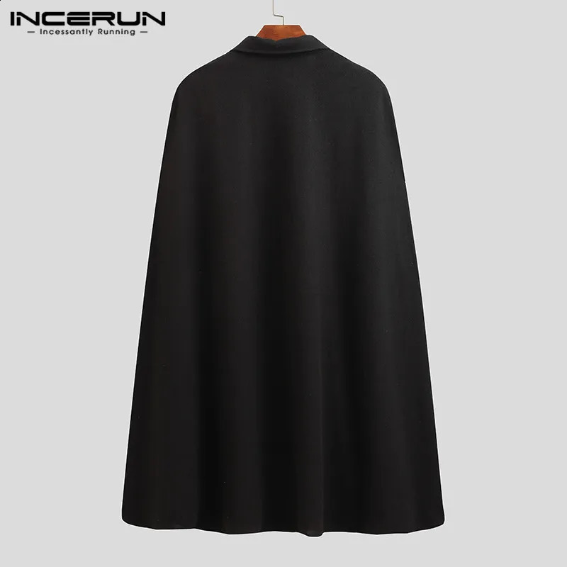 INCERUN Mens Cloak Coat Solid Color Single Button Collar Cape Town Street Wear Winter Artificial Blended Coat Mens Jacket 241203