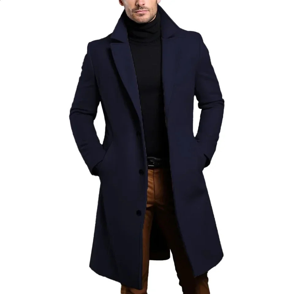 Warm and comfortable mens black trench coat long sleeved single chest coat suitable for autumn and winter 241203