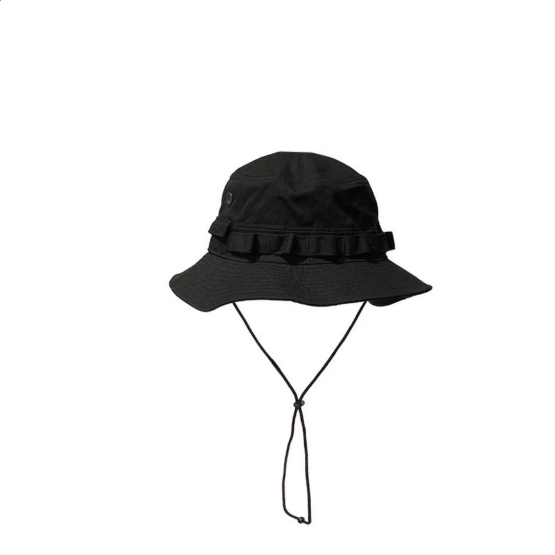 Pocket Trend Retro Street Function Bucket Hat Men and Women Drawstring Adjustable Big Eaves Sunshade Fishing Cap 241203