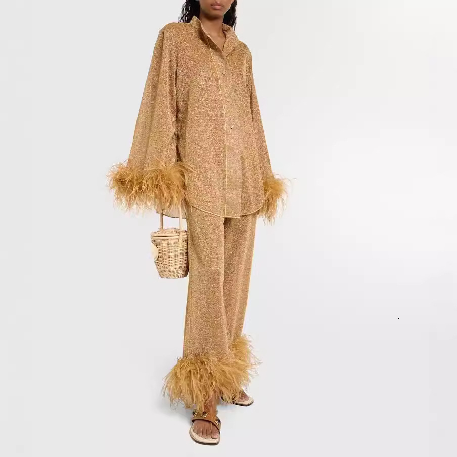 Style Women Elegant Feathers Decoration Sets Spring Stand Collar Button Blouse Shirts Wide Leg Pants Outfits Solid Fall Suit Y2k