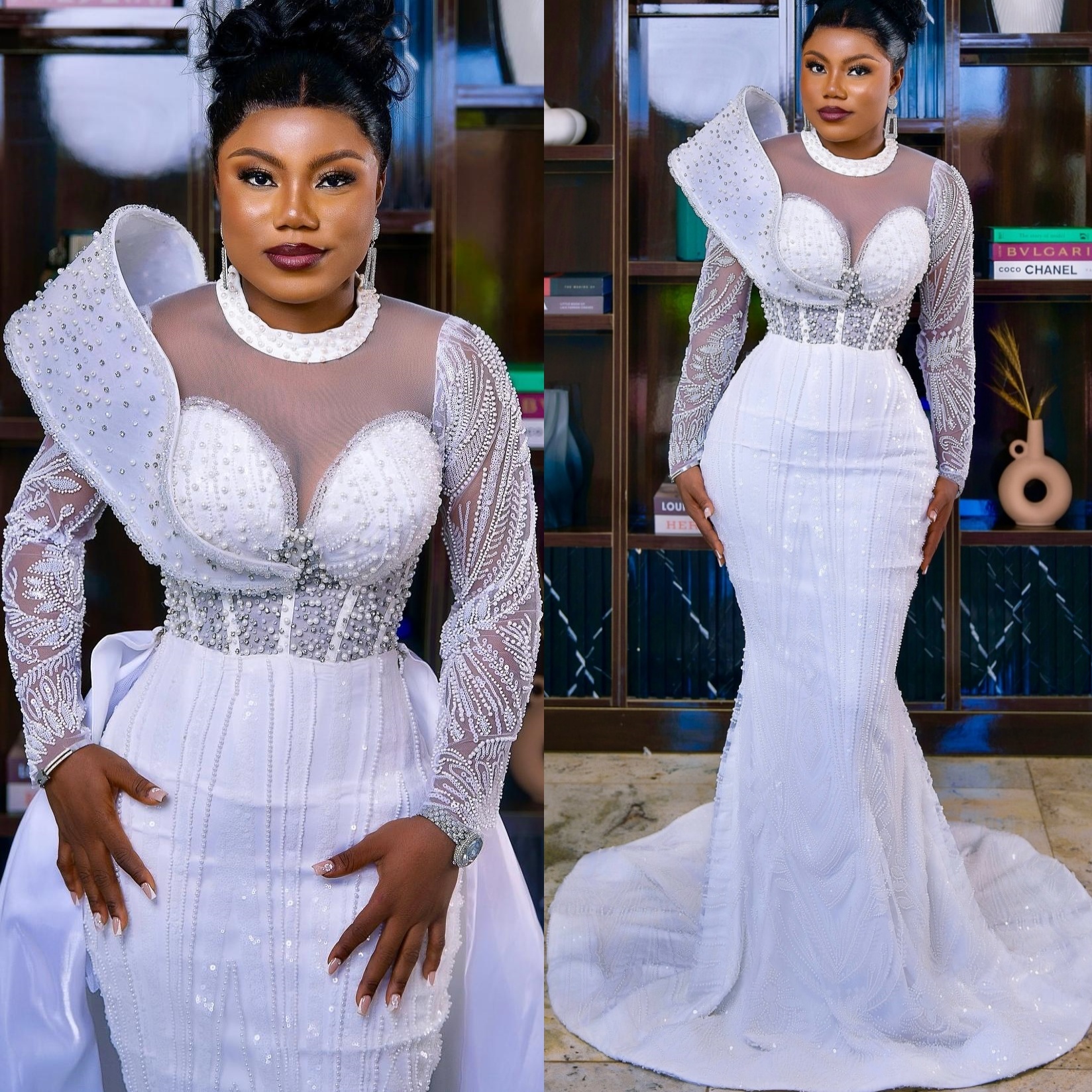 2025 Arabic Aso Ebi Plus Size White Mermaid Wedding Dresses Pearls Crystals Sequined Lace Detachable Train Stylish Bridal Gowns Dress For Bride