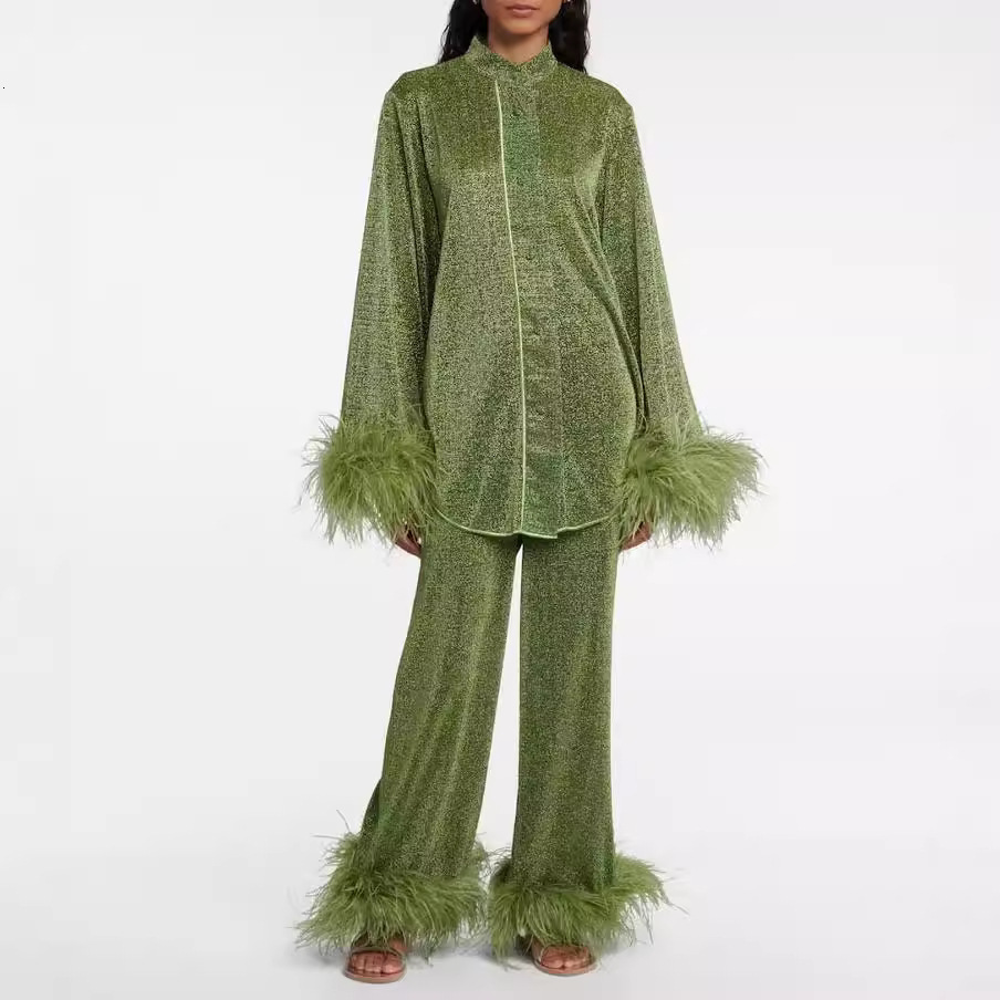 Style Women Elegant Feathers Decoration Sets Spring Stand Collar Button Blouse Shirts Wide Leg Pants Outfits Solid Fall Suit Y2k