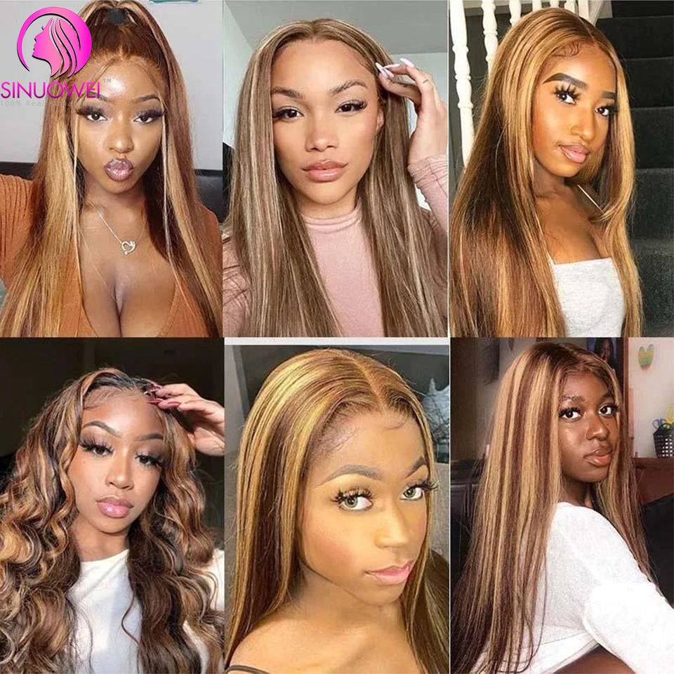 Sinuowei Highlight Part Human Hair Brazilian Straight V Shape No Glue Wig 10-28 Inches For Black Woman