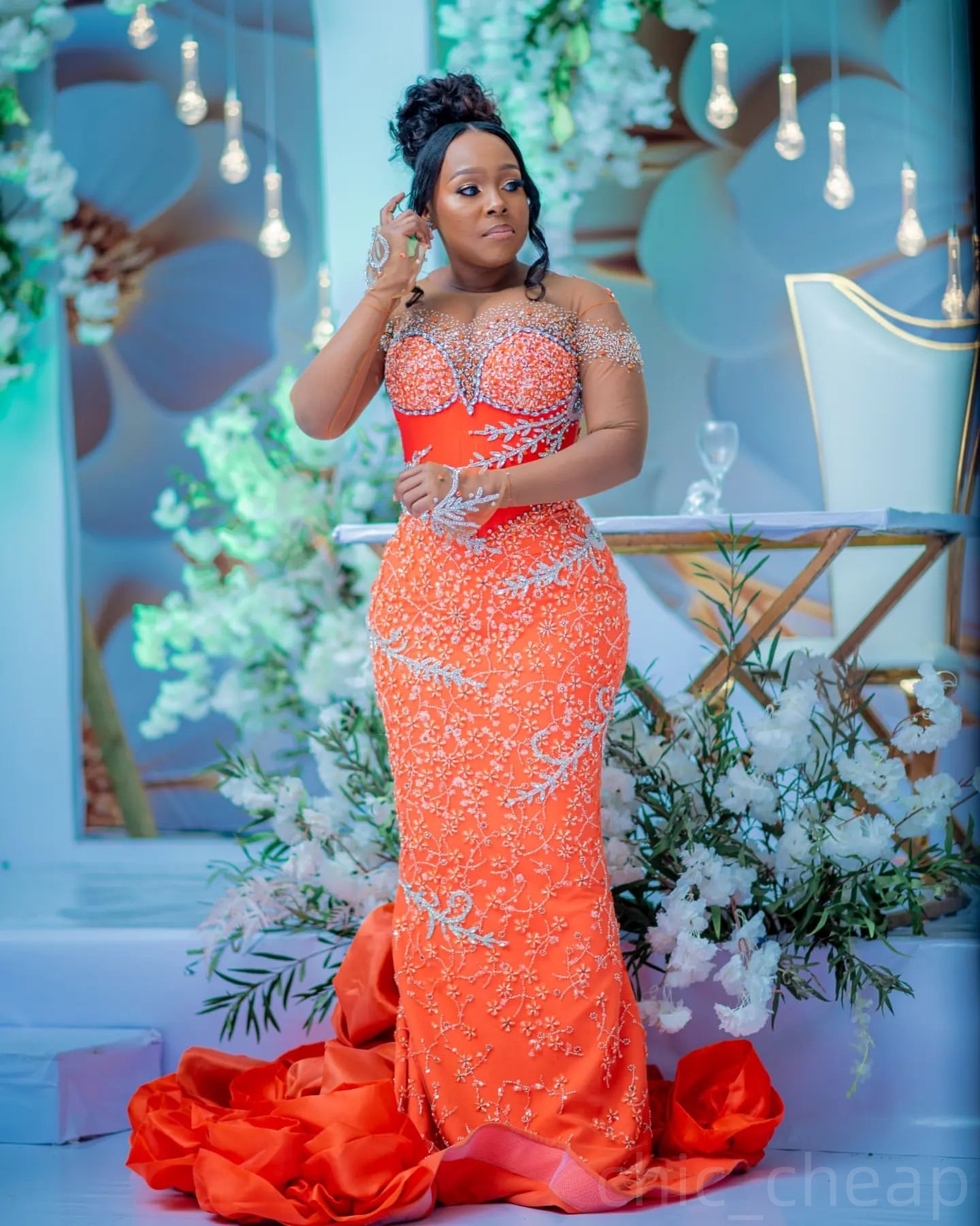 Orange Mermaid Prom Dresses 2024 Beaded Sheer Neck Sequined Lace Evening Formal Party Second Birthday Engagement Gowns Plus Size Dress For Special Occ