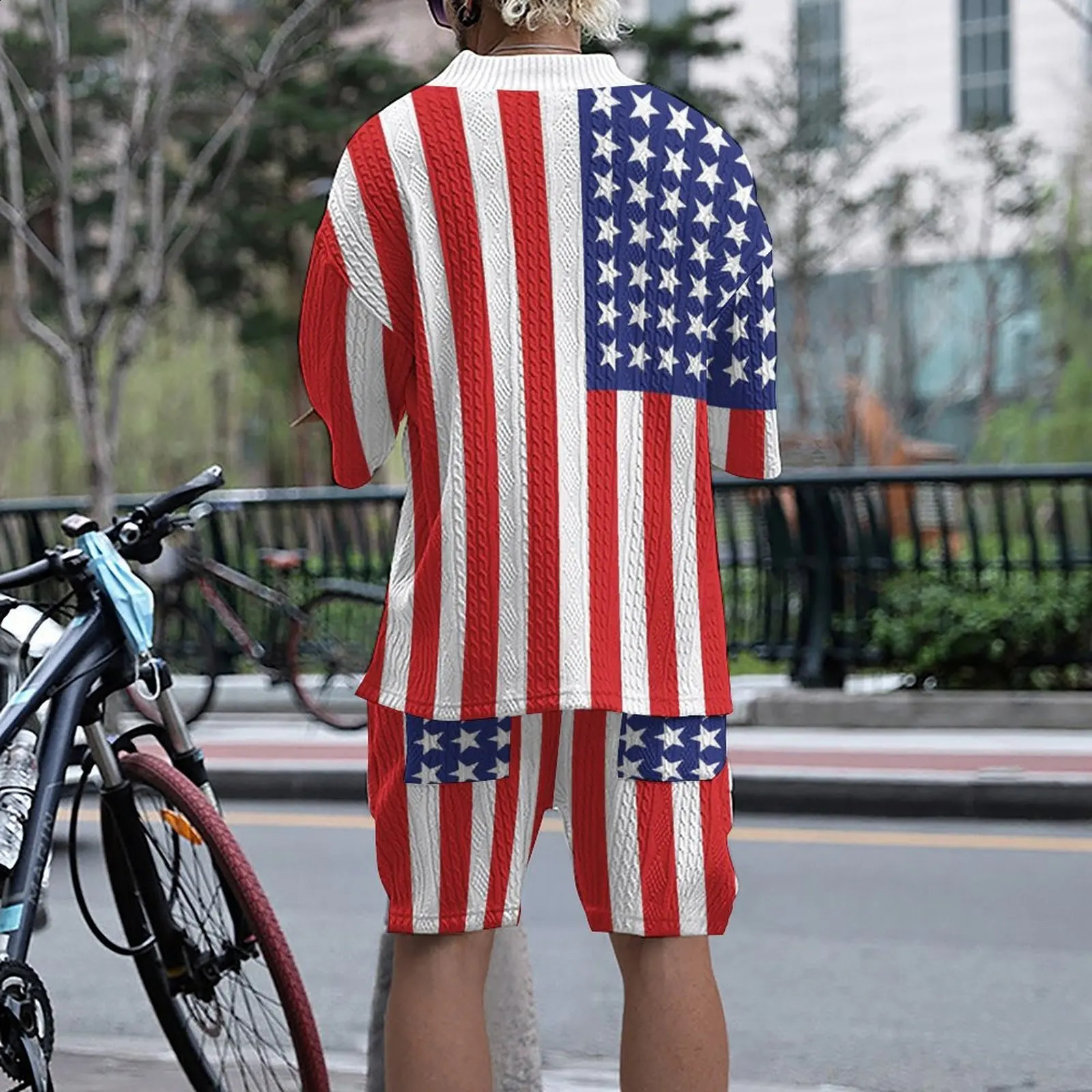 Retro plain knitted mens summer loose short sleeved V-neck zipper and short sleeved knitted two-piece mens oversized set 241203