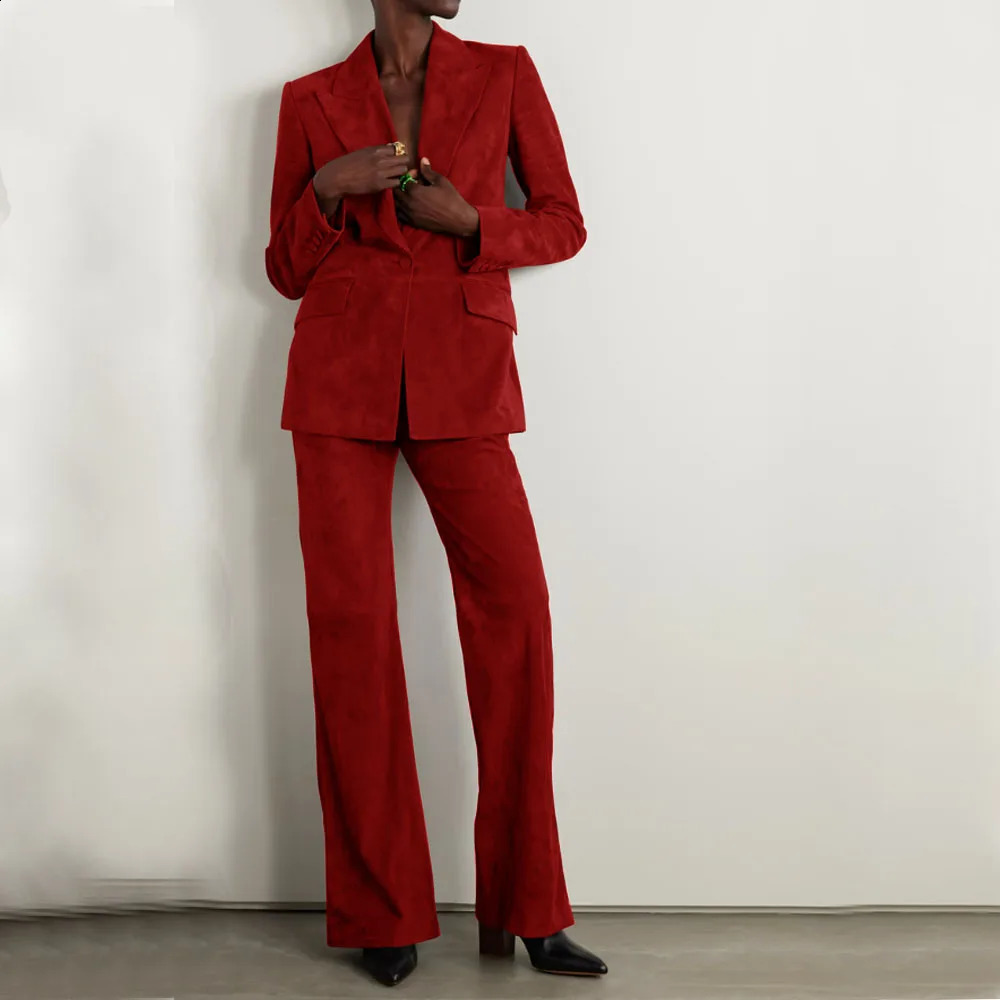 Womens Suede Suit Elegant Womens Sets Set Woman 2 Pieces 1 Button Jacket Pants Office Outfits Blazer Suits Clothing 241203