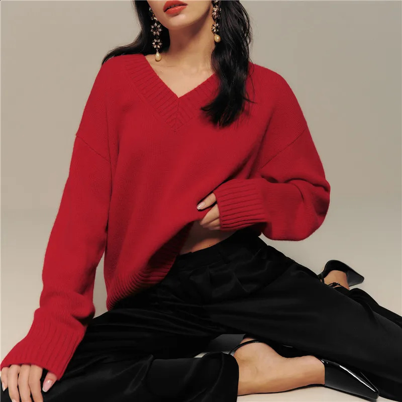 100 pure wool sweater autumnwinter casual solid color knitted Tops Vneck womens loose pullover base Blouse 241203