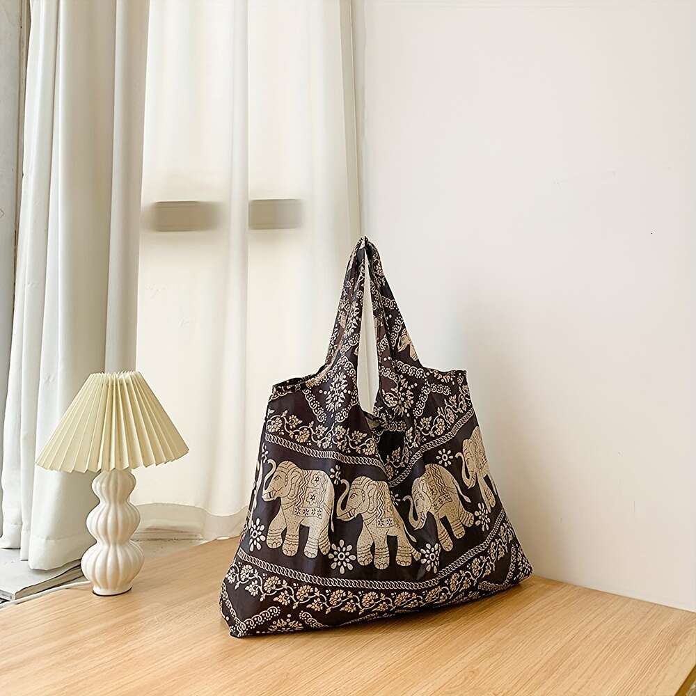 Elephant pattern shopping foldable shoulder bag, women's large capacity tote bag