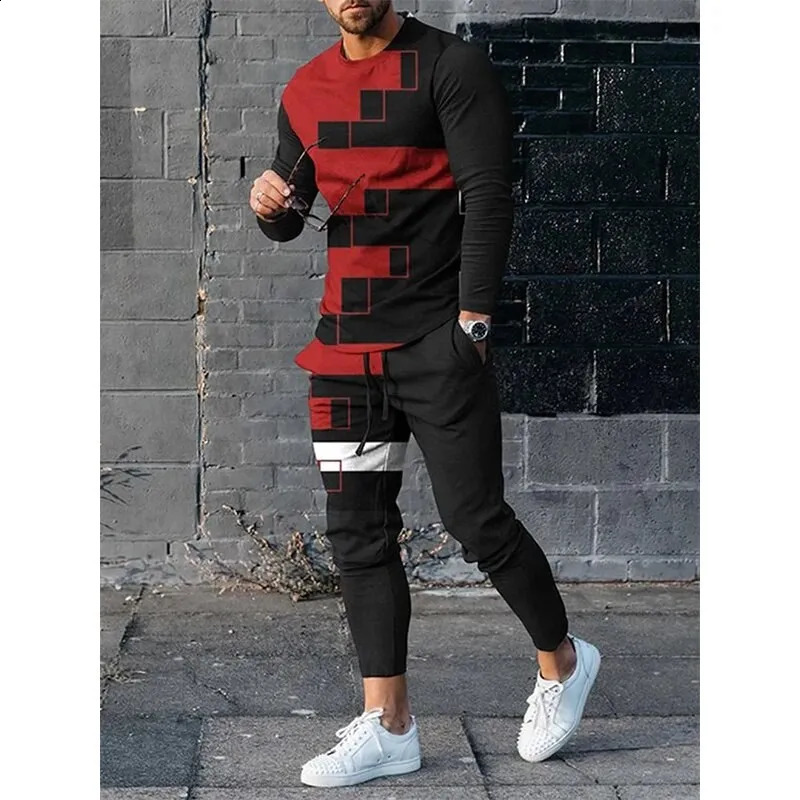 Autumn splicing color 3D printed mens sportswear set long sleeved T-shirt pants 2-piece set oversized zipper mens clothing 241203