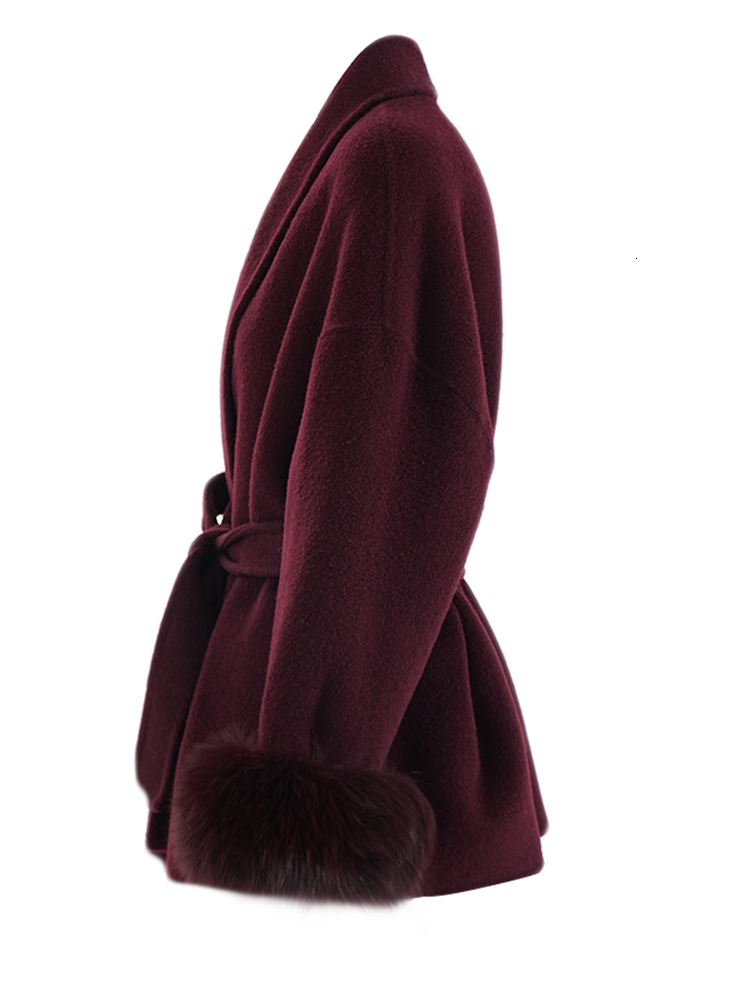 EAM Wine Red Fur Cuff Big Size Belted Woolen Coat New Lapel Long Sleeve Women Jacket Fashion Tide Autumn Winter 2024 Cpg2347