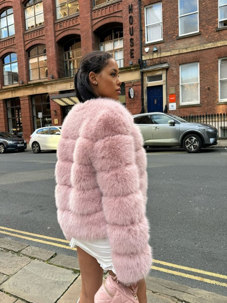Faux Fur Short Coat Women Elegant O-Neck Long Sleeve Artificial Fox Fluffy Lady Furs Jacket 2024 Winter Fashion Female Outwears