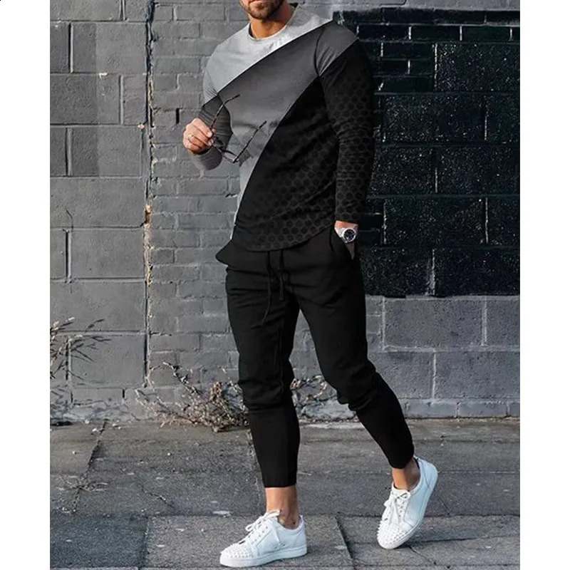 Autumn splicing color 3D printed mens sportswear set long sleeved T-shirt pants 2-piece set oversized zipper mens clothing 241203