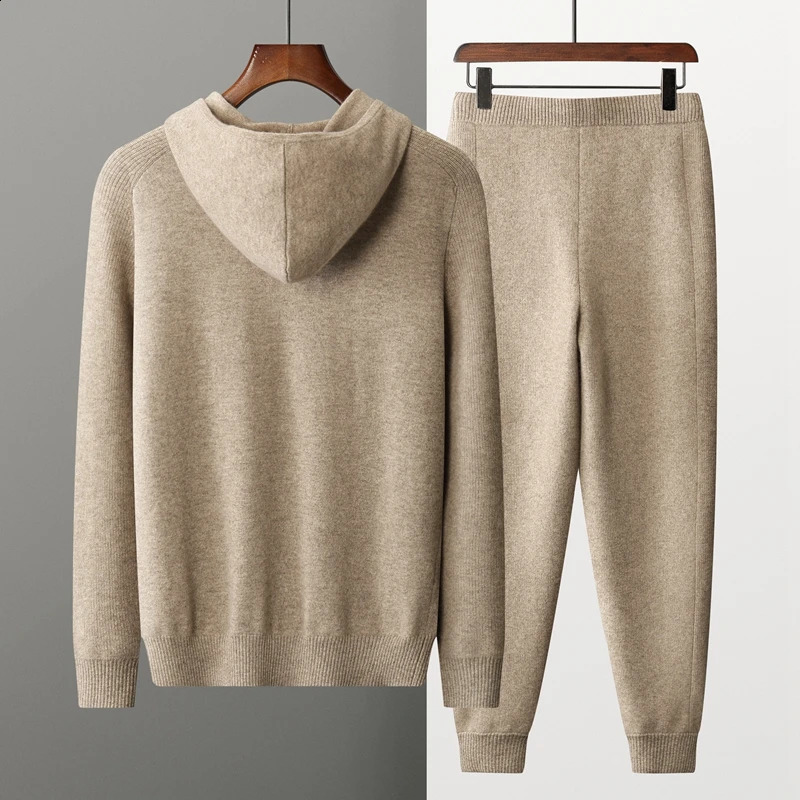100% cashmere set mens hooded zipper cardigan autumn and winter knitted two-piece high waisted mens solid color sweater 241203