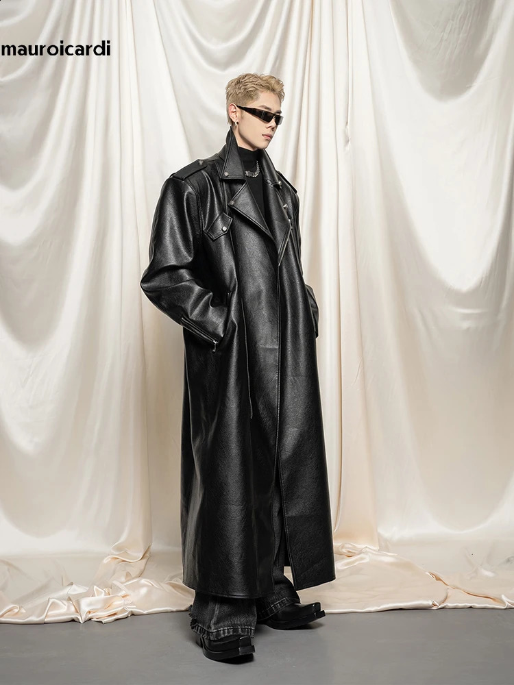 Mauroicardi Spring and Autumn Ultra Thin Black Pu Leather Trench Coat Mens Zipper Loose European Fashion 241203