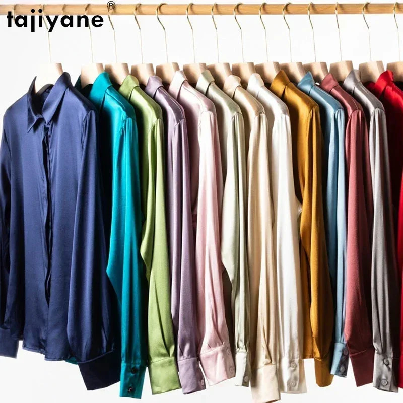 Tiyane Women's 93% Mulberry 7% Spandex 19 Momme Satin Silk Buttons Long Sleeve Shirt Top Blouse Office Work Chemise Femme
