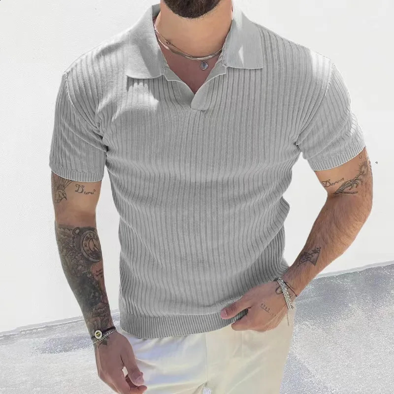 summer fashion knitted striped solid color short sleeved mens polo shirt casual retro collar T-shirt mens top 241203