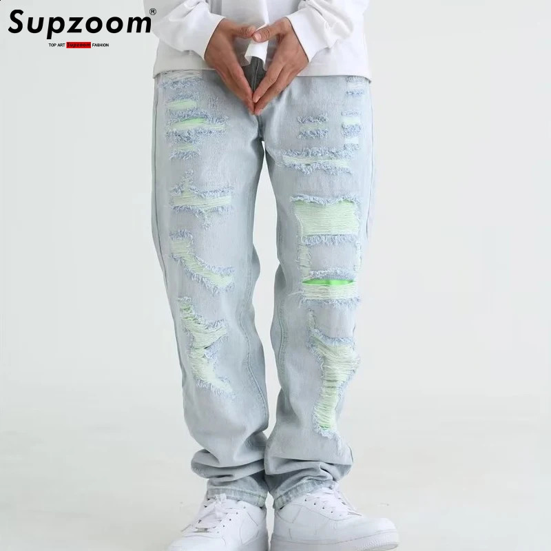 Supzoom has arrived at the top of fashion in autumn washing light white personalized eyelets patch fabric casual denim heart empty jeans 241203
