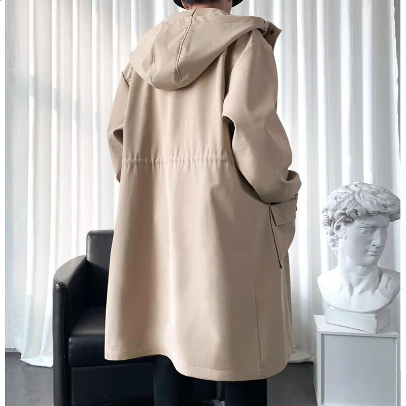 Trench Hooded Long Sleeve Zipper Jacket with Solid Button Splicing Loose Pocket Suitable for High Street and Light Street Fall 241203