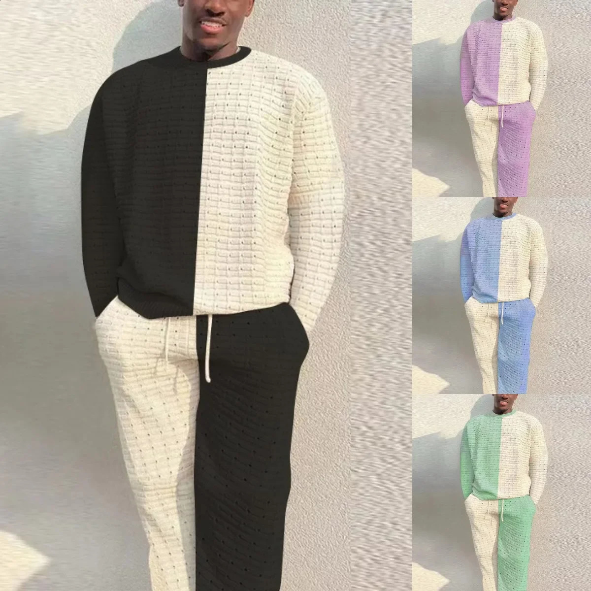 Spring Mens Knitted Two Piece Casual O-neck Long sleeved T-shirt Drawstring Pants Set Fashion Mens Clothing Set 241203